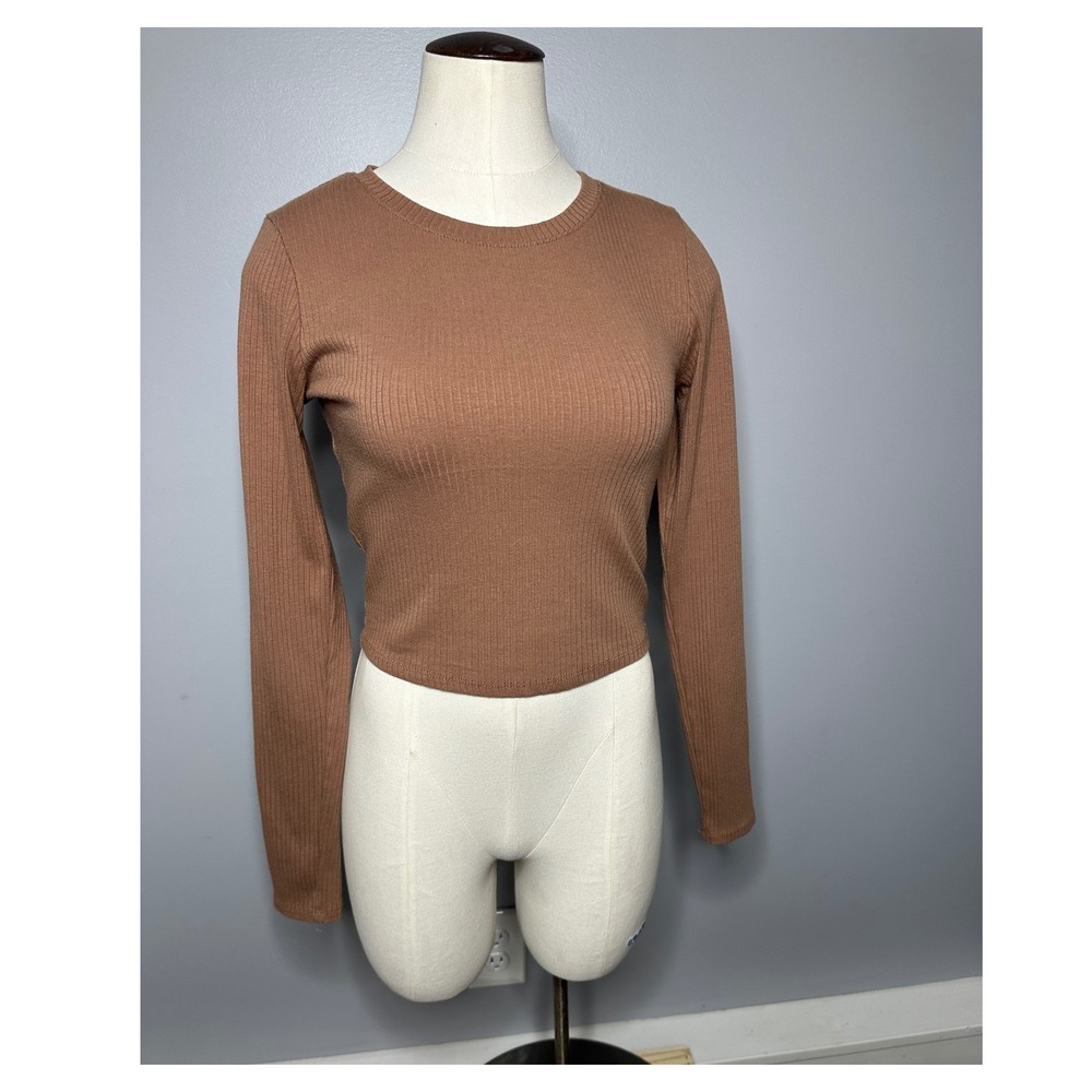Bozzolo Womens Ribbed Long Sleeve Crop Top Brown Crewneck Shirt RT72027 Medium